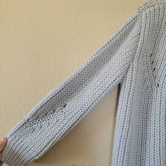 Womens 100% Wool Cardigan Sweater Size Medium Blue Open Chunky Knit Long Sleeve - Picture 5 of 8